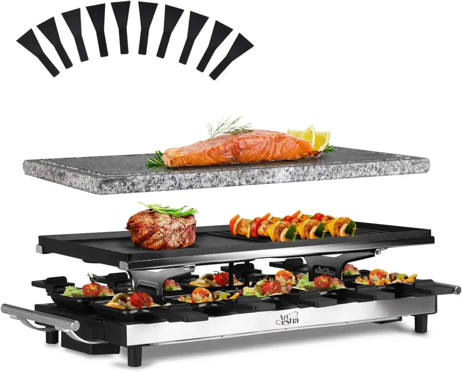 Raclette Grill Table - アーティシア ラクレットテーブルグリル、1500W ラクレットグリル、10枚のプレート付き韓国式BBQグリル、チーズラクレット用グリルストーン付き