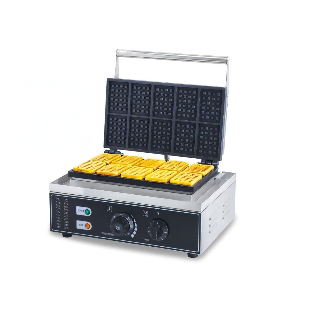 Waffle Iron Belgian - 220V業務用ステンレス製ノンスティックベルギーワッフルアイロン工業用10個長方形ワッフルメーカー温度調節機能付き食品産業向け
