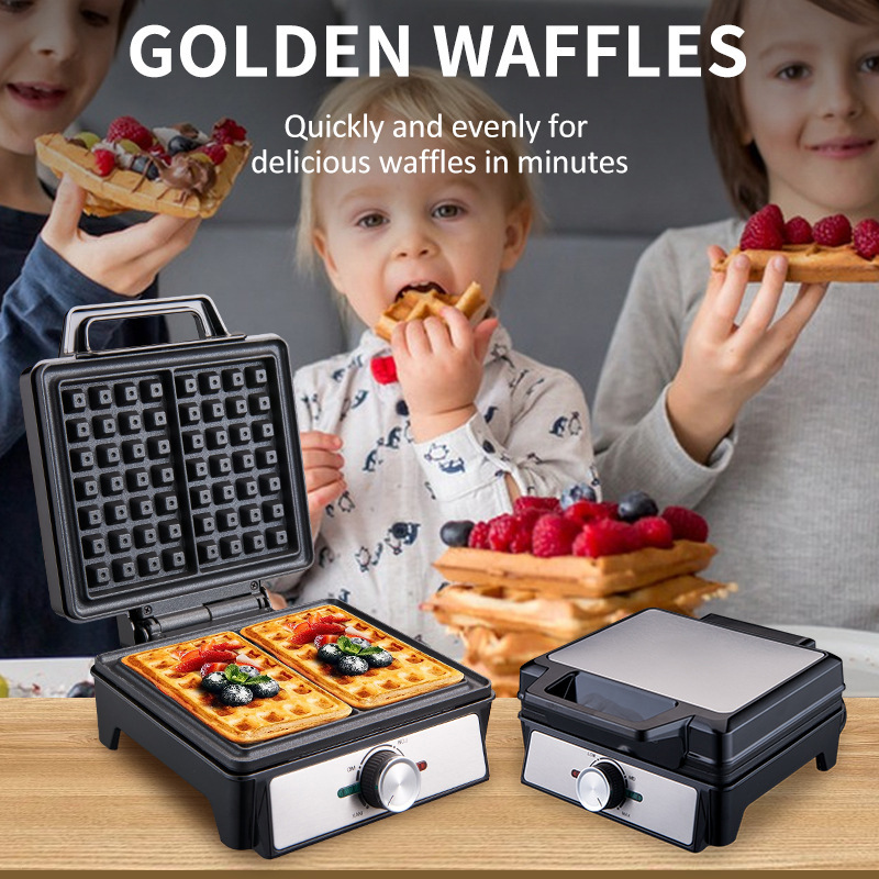 Waffle Iron Belgian - ワッフルメーカー 2枚焼き 温度調節可能 電気朝食ベルギーワッフルマシン ノンスティックエッグケーキ鉄板 1600W