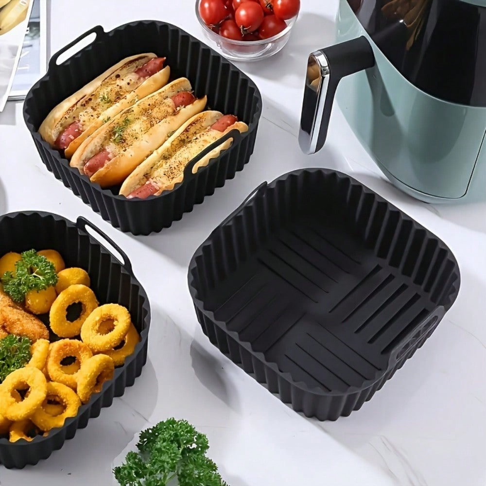 Kitchen Appliances Store - 1個入り再利用可能なシリコン製エアフライヤーライナー、エアフライヤーアクセサリー、使い捨てベーキングトレイペーパーライナーの代替品、黒色の正方形、新学期用