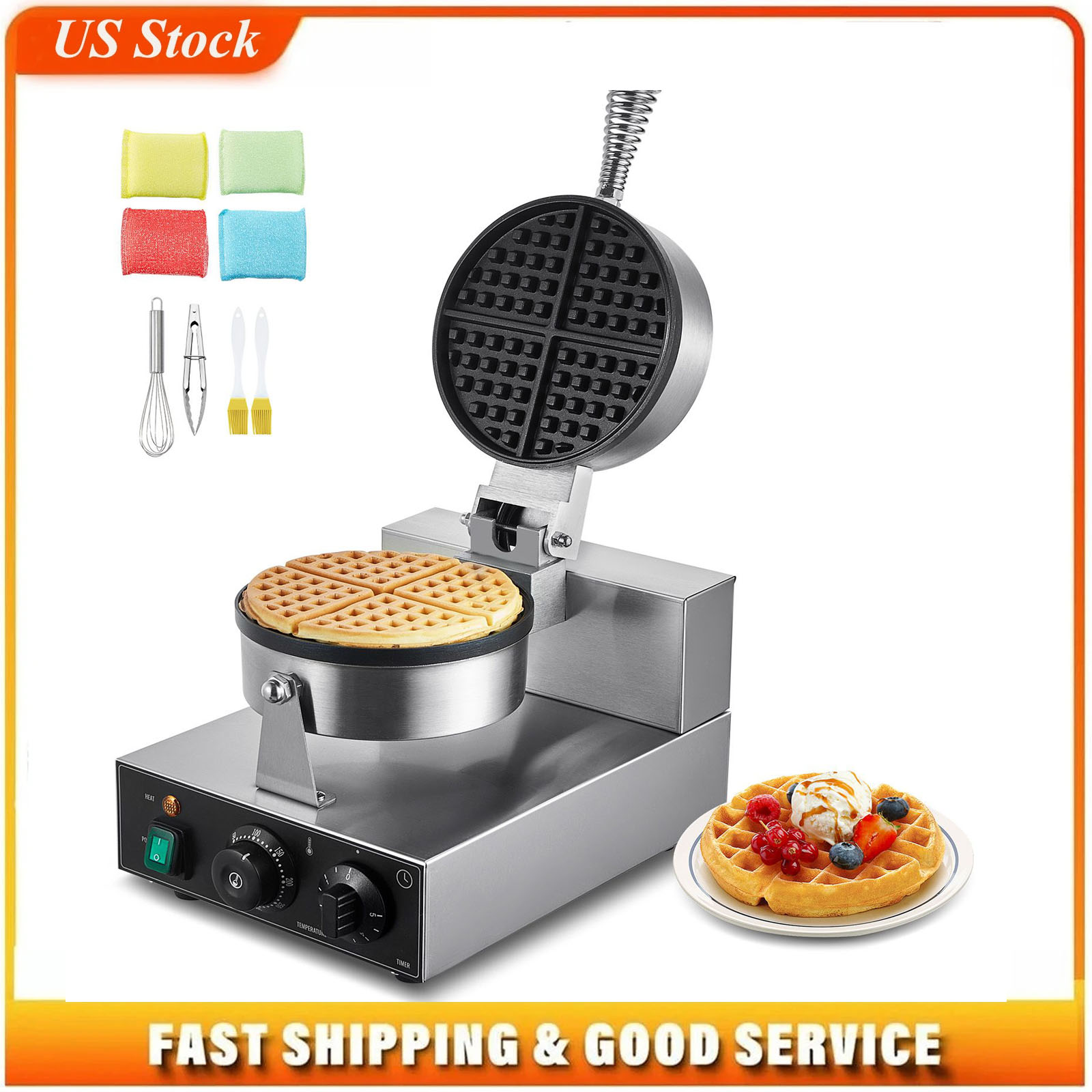 Waffle Iron Belgian - 業務用ワッフルメーカー、1230W丸型ワッフルベーカーマシン、温度と時間制御機能付きノンスティックステンレススチールベルギーワッフルアイロン、ハンドル付き、レストラン、ベーカリー、スナックバー、家族向け