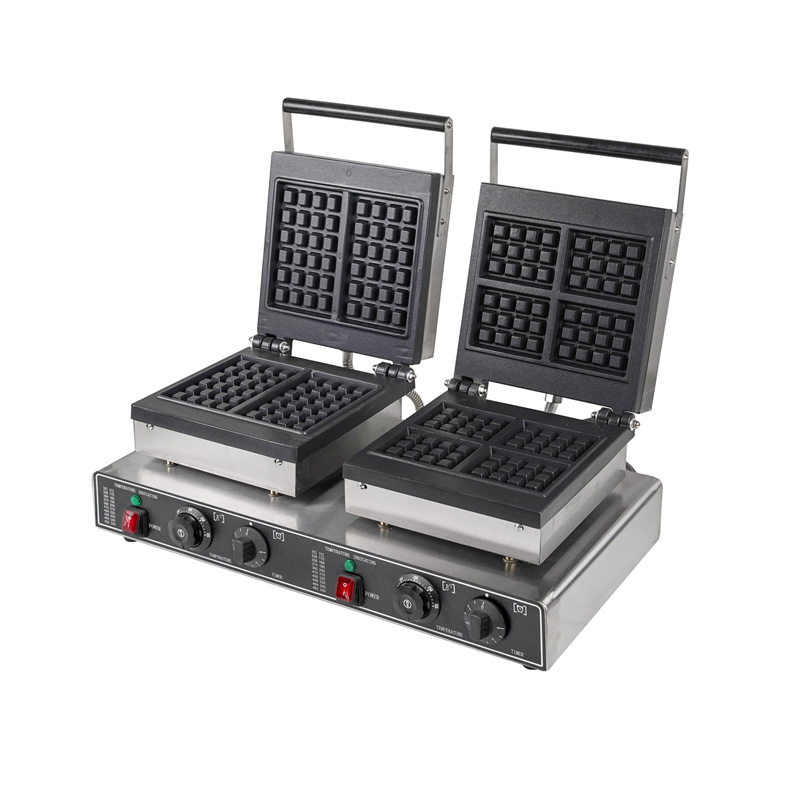Waffle Iron Belgian - 業務用ベルギーワッフルメーカー ノンスティックワッフルアイロン ダブル 2&4枚焼き ベルギーワッフルマシン タイマーと温度調節機能付き