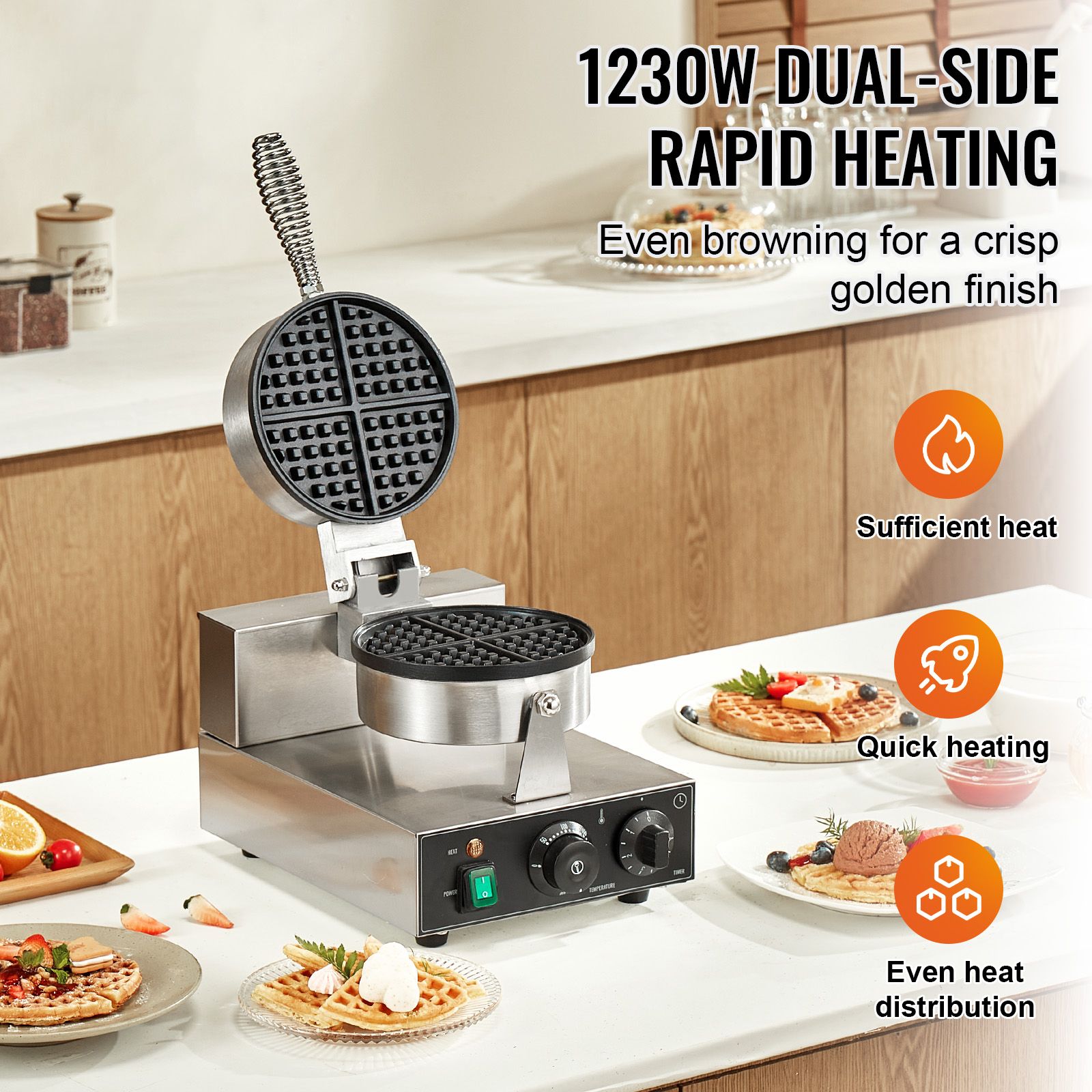 業務用ワッフルメーカー、1230W丸型ワッフルベーカーマシン - Waffle Iron Belgian のレビューと価格
